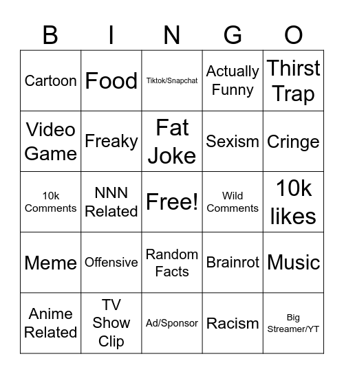 YT Shorts Bingo Card