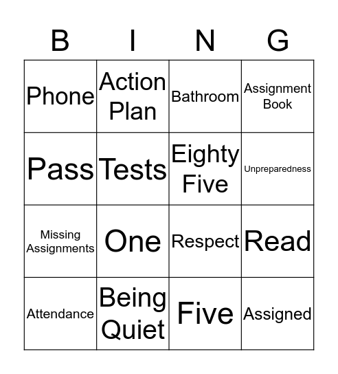 Study Hall Rules Bingo Card
