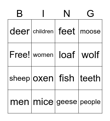 Irregular Plural Nouns Bingo Card