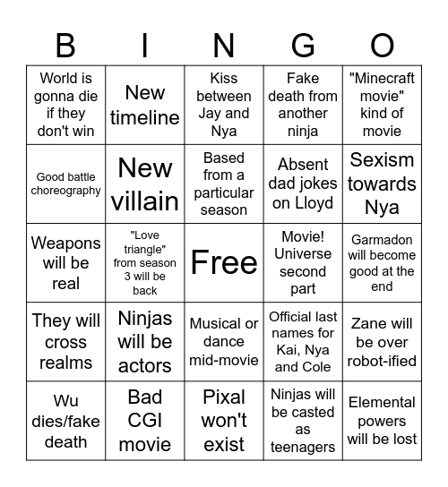 Ninjago Life-Action Movie Bingo Card