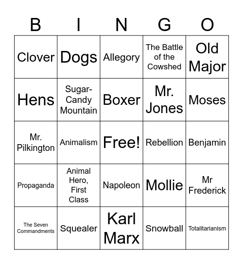 Animal Farm Bingo Card