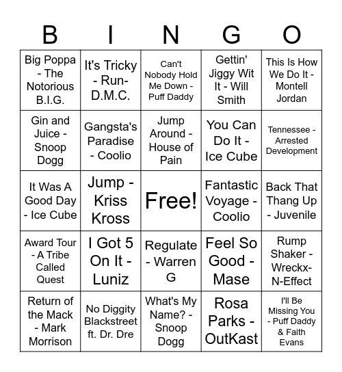 90's HIP HOP PARTY JAMS Bingo Card