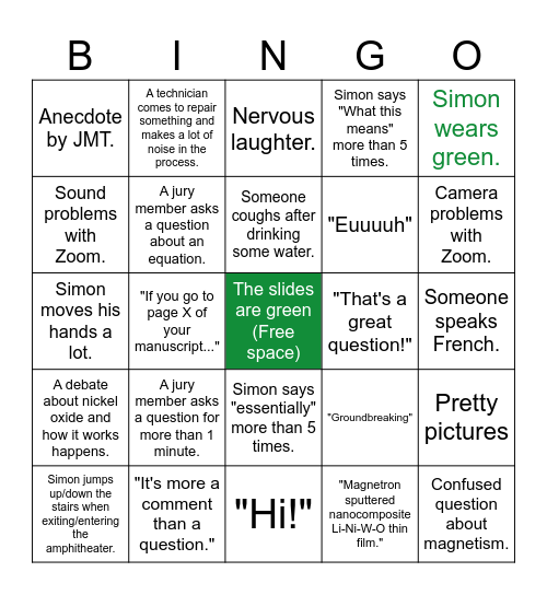 Simon's PhD Bingo Card