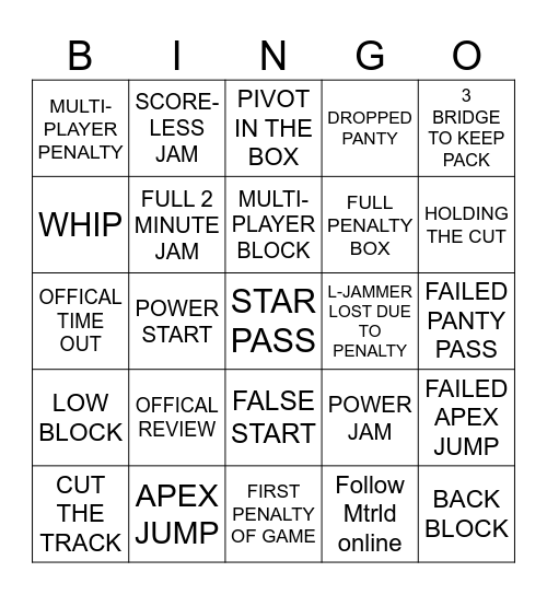 MTL Roller Derby Bingo Card