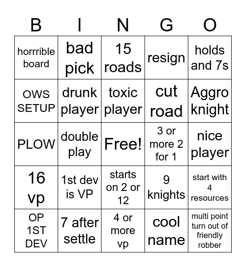 CATAN 1V1 Bingo Card