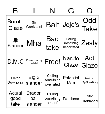 Anime hot take bingo Card