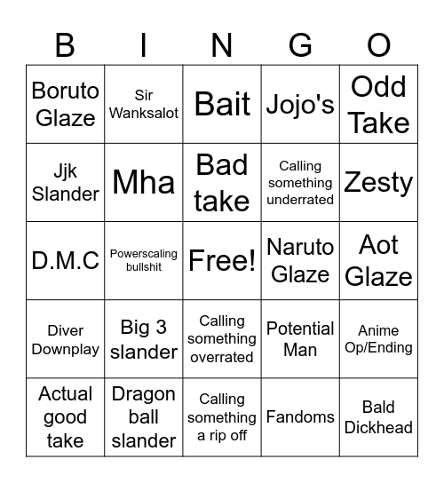 Anime hot take bingo Card