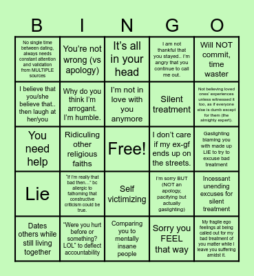 Narcissist Bingo Card