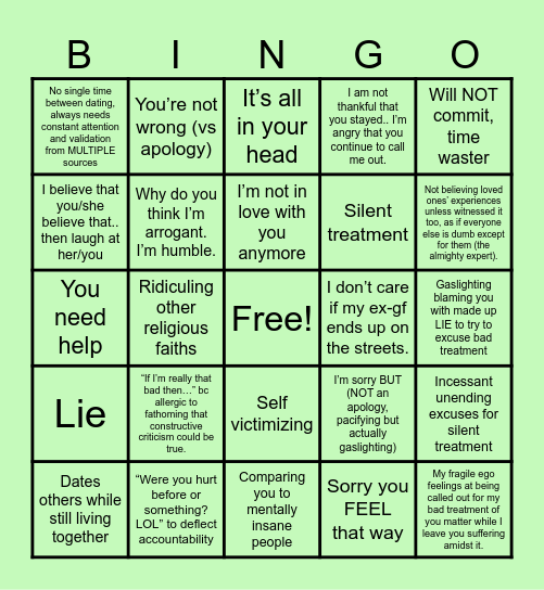 Narcissist Bingo Card