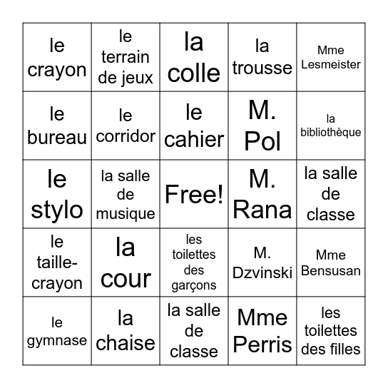 L'école #1 Bingo Card