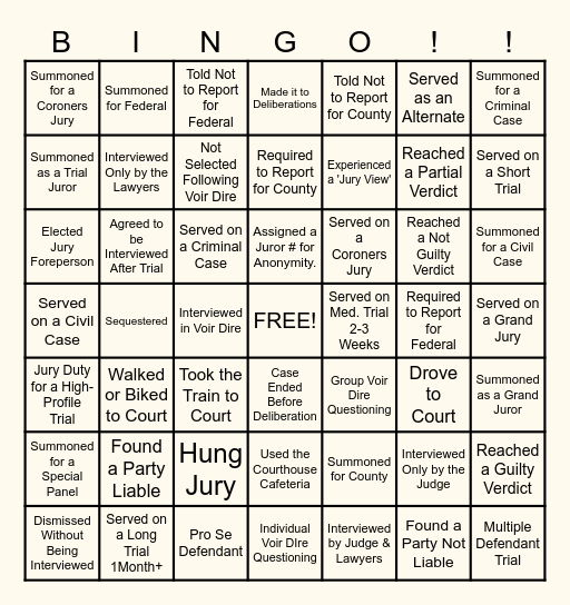 Jury Service Bingo Card
