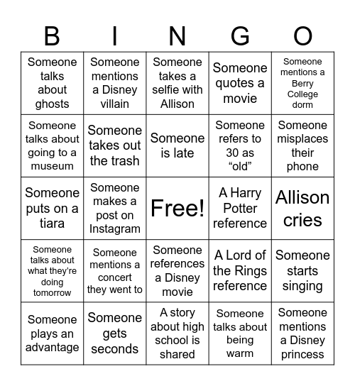 Game Changer Bingo Card