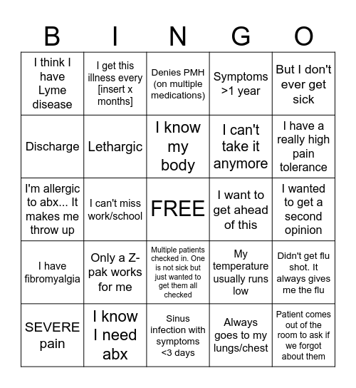 Denver Urgent Care BINGO Card