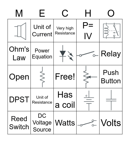 Electronic Sensors, Symbols, and Concepts Bingo Card
