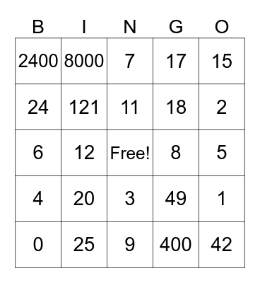 Multiplication and Division Bingo Card
