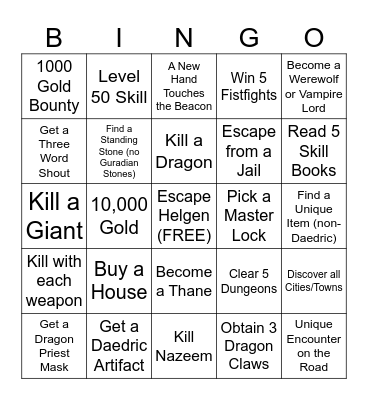 Skyrim Bingo Card