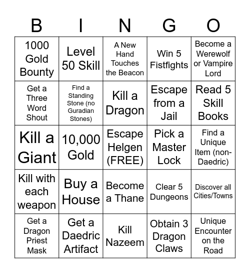 Skyrim Bingo Card