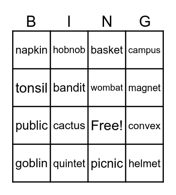 2 Syllable Word BINGO Card