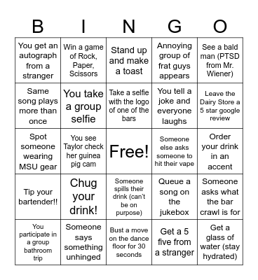 bar Crawl Bingo Card