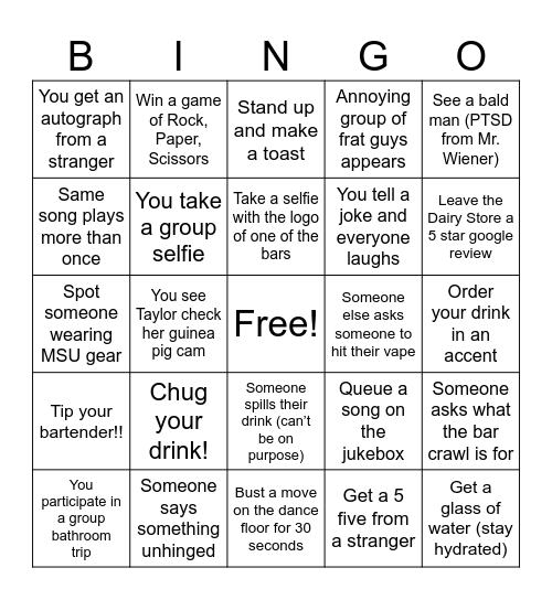 bar Crawl Bingo Card