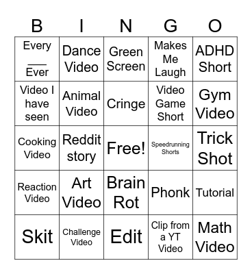 YT Shorts Bingo Card
