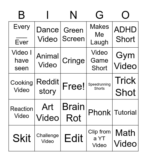 YT Shorts Bingo Card