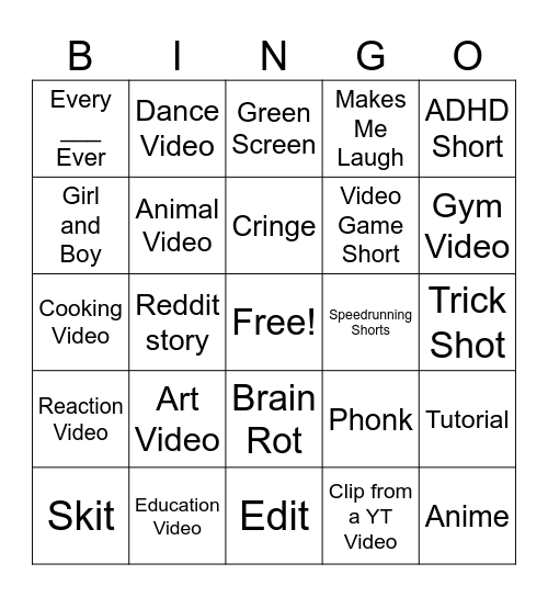 YT Shorts Bingo Card