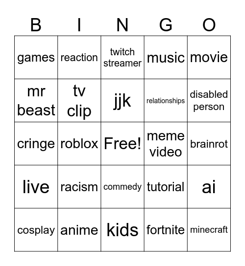 youtube shorts Bingo Card