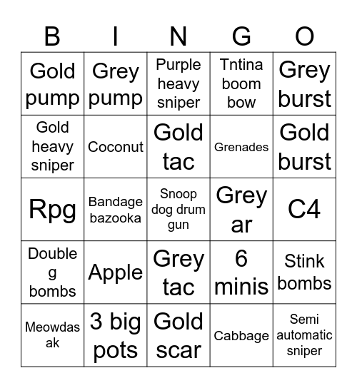 Fortnite bingo Card