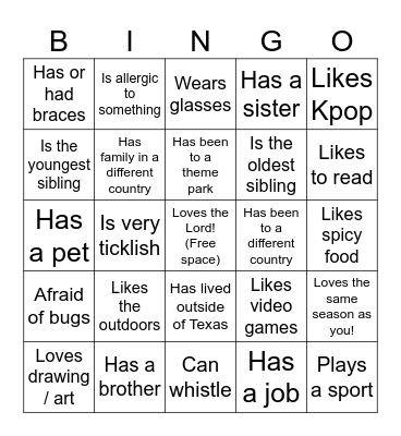 Getting to know you! Bingo Card