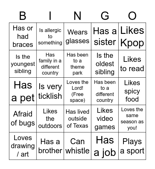 Getting to know you! Bingo Card