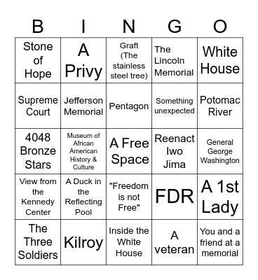 Washington DC Selfie Bingo Card