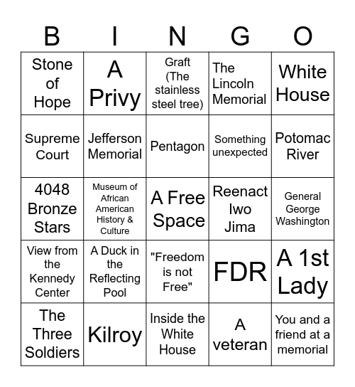 Washington DC Selfie Bingo Card