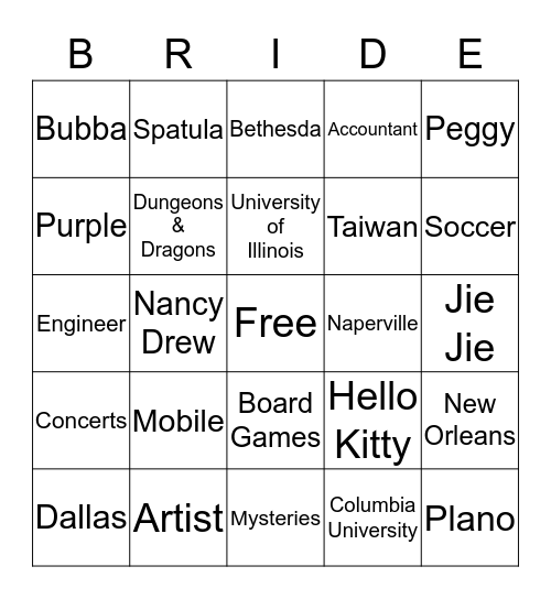 Diana's Bridal Shower Bingo Card