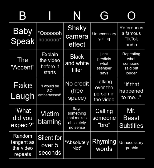 SSSniperwolf Bingo Card