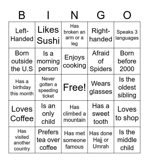Icebreaker Bingo Card