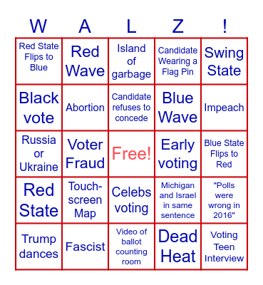 US Presidential Election Night 2024 Bingo Card