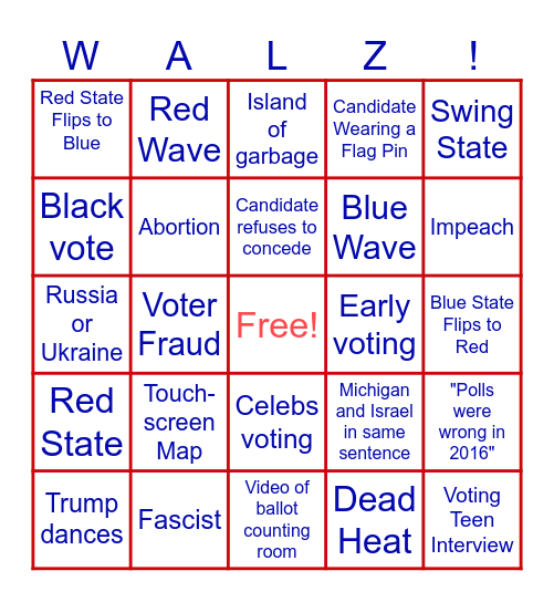 US Presidential Election Night 2024 Bingo Card