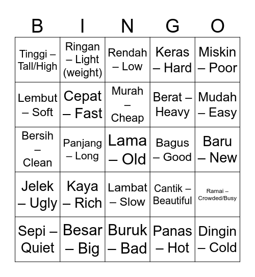 Indonesian Adjectives Bingo Card