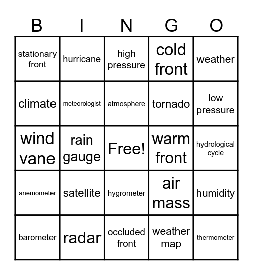 Weather Bingo Card