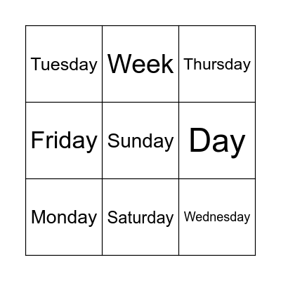 Days of the Week Bingo Card
