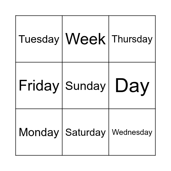 Days of the Week Bingo Card