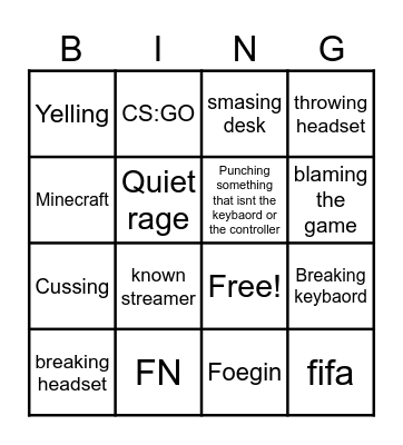 Gamer Rage Bingo Card