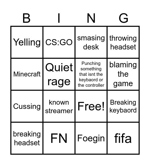 Gamer Rage Bingo Card