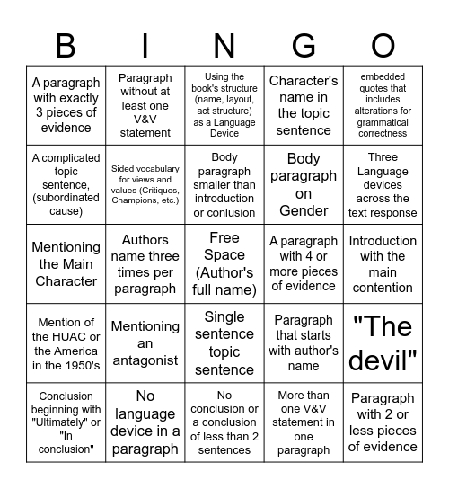 Crucible Bingo Card