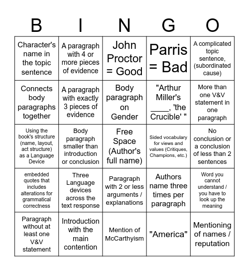 Crucible Bingo Card