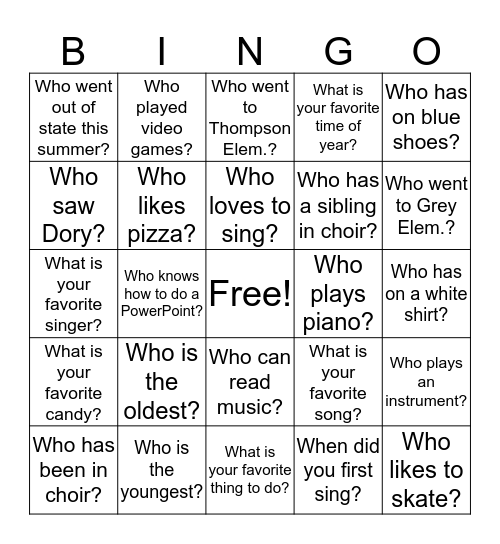 Stehlik Choir Begins Bingo Card