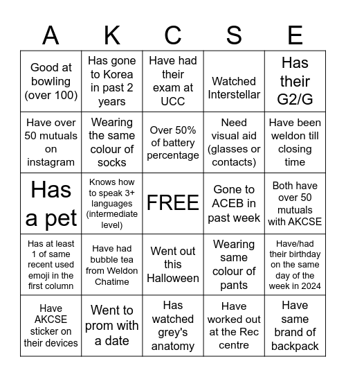 AKCSE Bingo Card