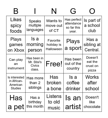 Get to know you BINGO Card