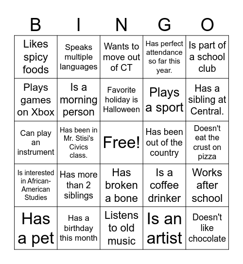 Get to know you BINGO Card